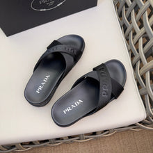 Carregar imagem no visualizador da galeria, Prada Nylon Tape Crisscross Slides Black Leather
