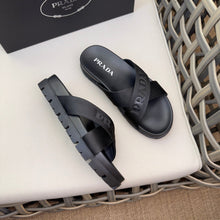 Carregar imagem no visualizador da galeria, Prada Nylon Tape Crisscross Slides Black Leather
