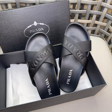 Carregar imagem no visualizador da galeria, Prada Nylon Tape Crisscross Slides Black Leather
