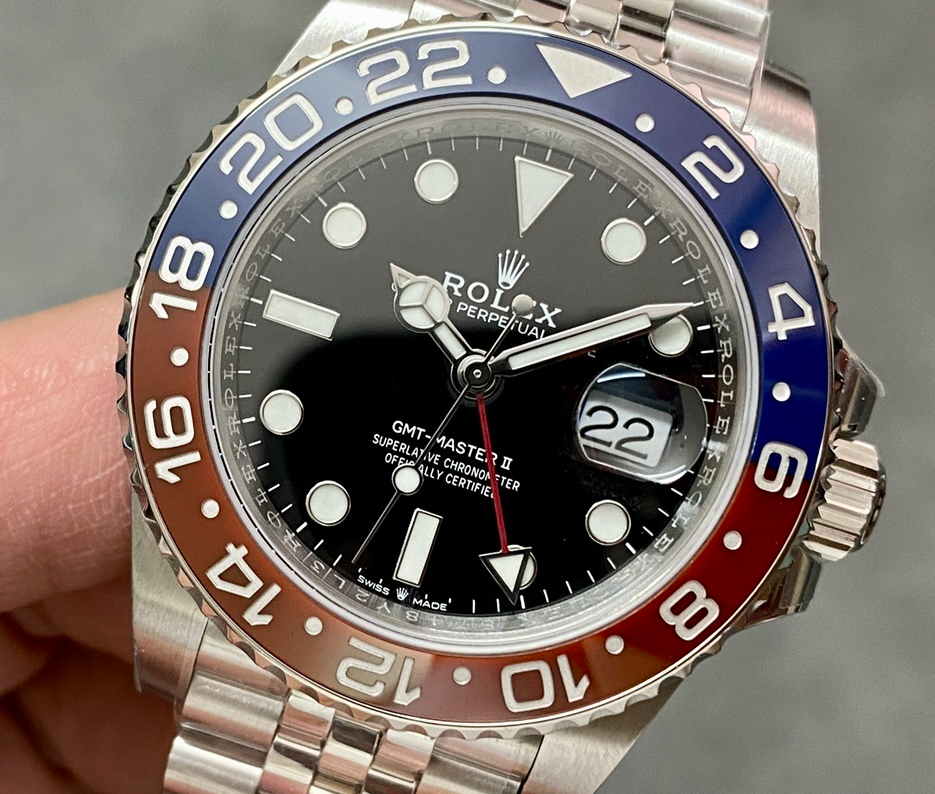 Rolex GMT-Master II 'Pepsi' Pulseira Jubilee aço inoxidável mostrador preto "Super C" (Cópia)