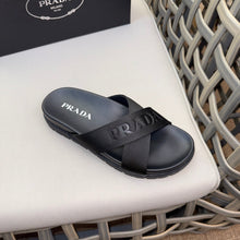 Carregar imagem no visualizador da galeria, Prada Nylon Tape Crisscross Slides Black Leather
