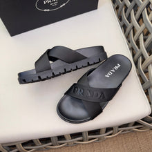 Carregar imagem no visualizador da galeria, Prada Nylon Tape Crisscross Slides Black Leather
