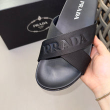 Carregar imagem no visualizador da galeria, Prada Nylon Tape Crisscross Slides Black Leather

