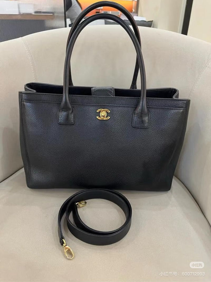 Chanel Executive Cerf Tote Black Leather Gold Hardware